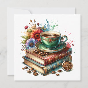 Vintage Books, Flowers and Coffee  Card