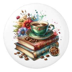  Vintage Books, Flowers and Coffee or Tea Ceramic Knob