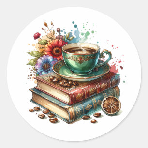 Vintage Books, Flowers and Coffee or Tea Classic Round Sticker
