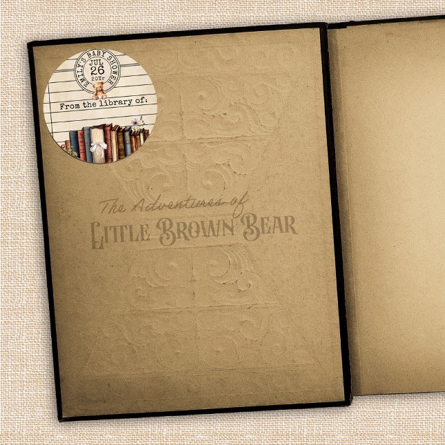 Vintage Books for Baby Shower Bookplate Sticker (Cute vintage library card teddy bear bows books for baby shower invitation bookplate sticker  )