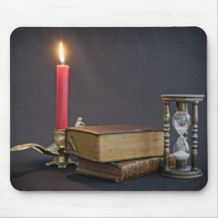 Vintage books, hourglass and candle mouse mat
