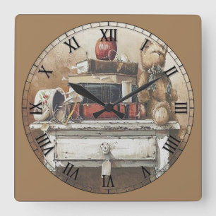 Vintage Books on an Antique Table Roman Numeral Square Wall Clock