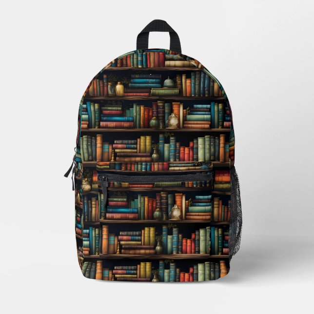 Vintage Books on Bookshelf Pattern Printed Backpack (Front)