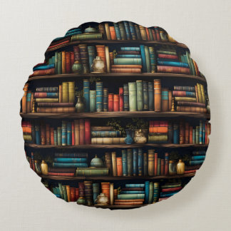 Vintage Books on Bookshelf Pattern Round Cushion