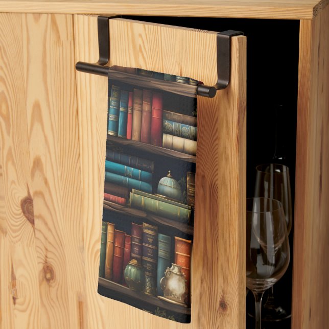 Vintage Books on Bookshelf Pattern Tea Towel (Thirds Fold)