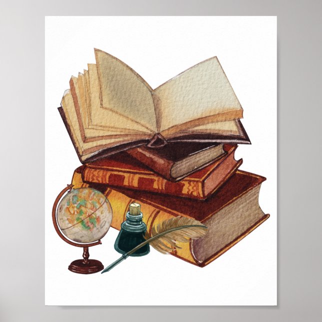 Vintage Books, Quill, Ink, and Globe Collage Poster (Front)