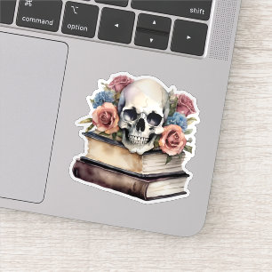 Vintage Books with Gothic Skull and Flowers
