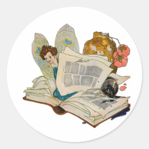 Vintage Bookworm Fairy Reading Illustration Classic Round Sticker