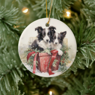 Vintage Border Collie Christmas Ceramic Tree Decoration