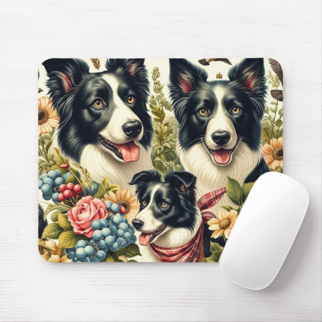 Vintage Border Collie Illustration Mouse Mat (With Mouse)