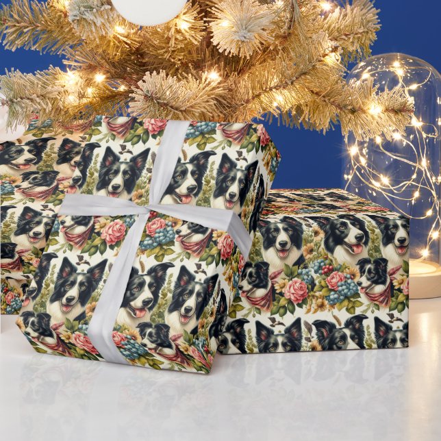 Vintage Border Collie Illustration Wrapping Paper (Holidays)