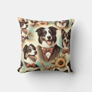 Vintage Border Collie Iluustration Cushion