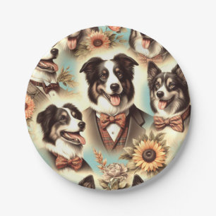 Vintage Border Collie Iluustration Paper Plate