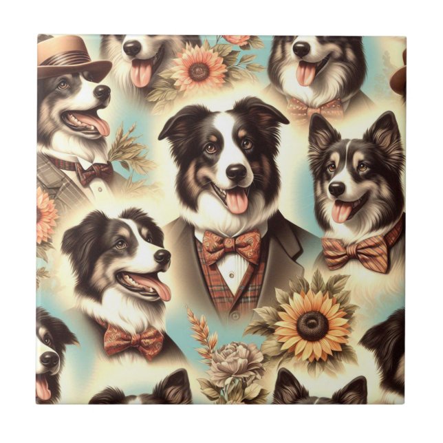 Vintage Border Collie Iluustration Tile (Front)