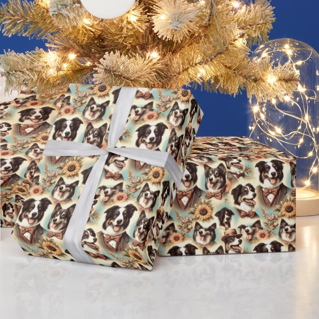 Vintage Border Collie Iluustration Wrapping Paper (Holidays)