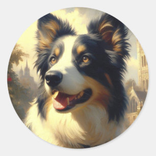 Vintage Border Collie Painting Classic Round Sticker