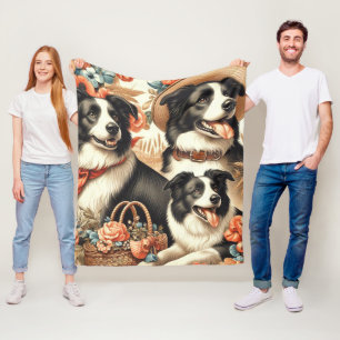 Vintage Border Collie Painting Fleece Blanket