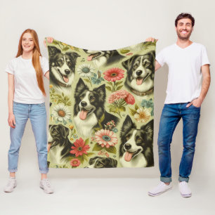 Vintage Border Collie Painting Fleece Blanket