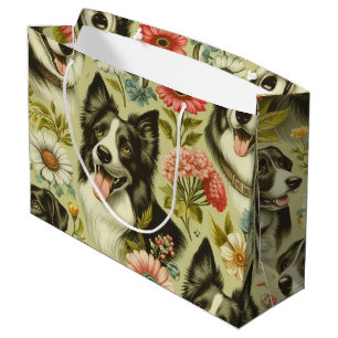 Vintage Border Collie Painting Large Gift Bag