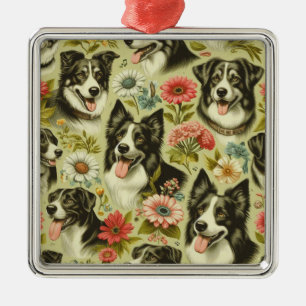 Vintage Border Collie Painting Metal Tree Decoration