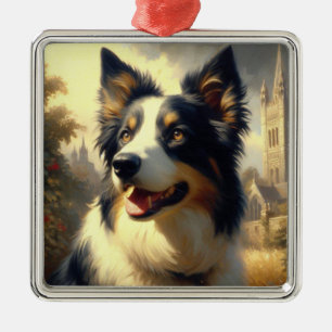 Vintage Border Collie Painting Metal Tree Decoration