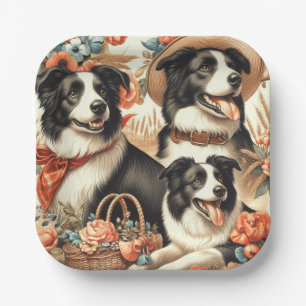 Vintage Border Collie Painting Paper Plate