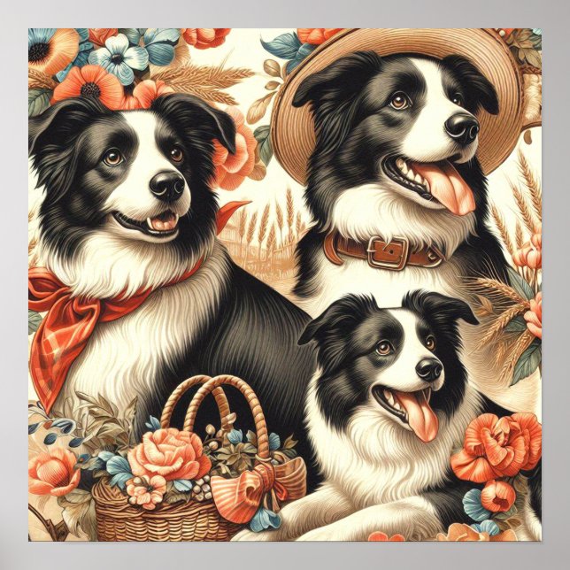 Vintage Border Collie  Painting Poster (Front)