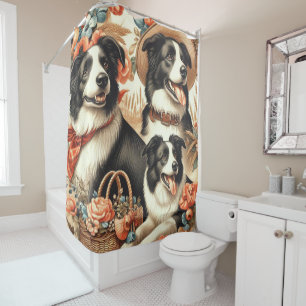 Vintage Border Collie Painting Shower Curtain