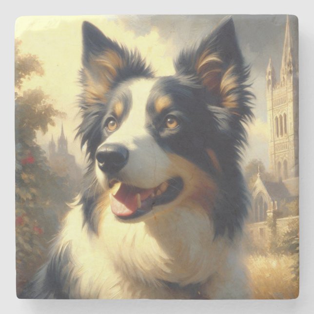 Vintage Border Collie Painting Stone Coaster (Front)