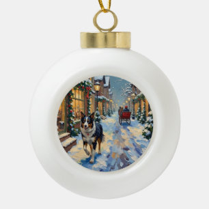 Vintage Border Collie Snowy Village Christmas Ceramic Ball Christmas Ornament