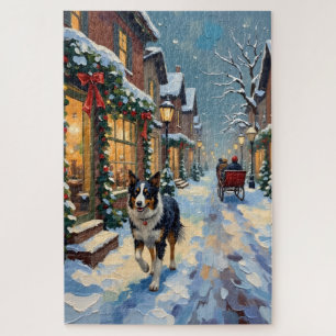 Vintage Border Collie Snowy Village Christmas Jigsaw Puzzle