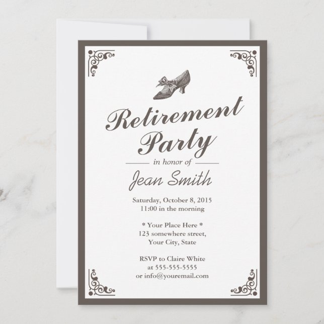 Vintage Border Lady Shoe Retirement Party Invitation (Front)