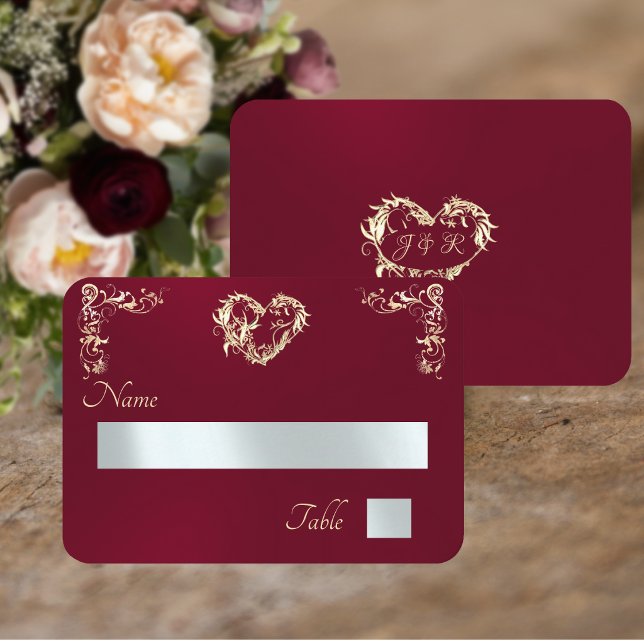 Vintage Border & Monogram - Burgundy Place Card (Creator Uploaded)