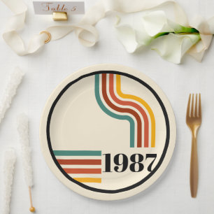 Vintage Born in 1987 40th Birthday Retro Stripe Paper Plate