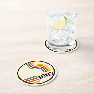 Vintage Born in 1987 40th Birthday Retro Stripe Round Paper Coaster