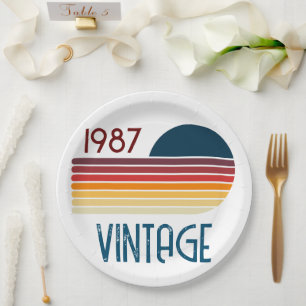 Vintage Born in 1987 Retro Stripe 40th Birthday Paper Plate