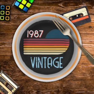 Vintage Born in 1987 Retro Stripe 40th Birthday Paper Plate