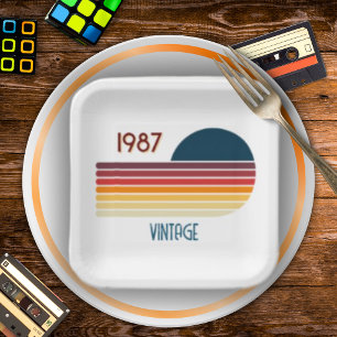 Vintage Born in 1987 Retro Stripe 40th Birthday Paper Plate
