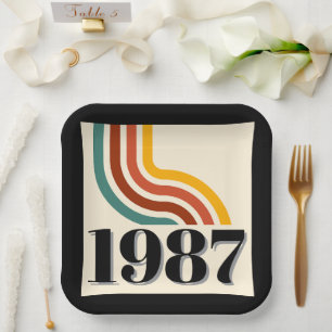 Vintage Born in 1987 Retro Stripe 40th Birthday Paper Plate