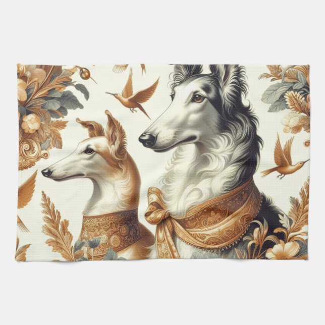 Vintage Borzoi Dog Illustration Tea Towel (Horizontal)