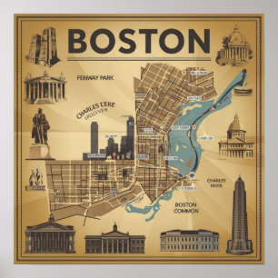 Vintage Boston Massachusetts Map, Boston Ma Us Map Poster