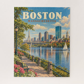 Vintage Boston Skyline Charles River Jigsaw Puzzle