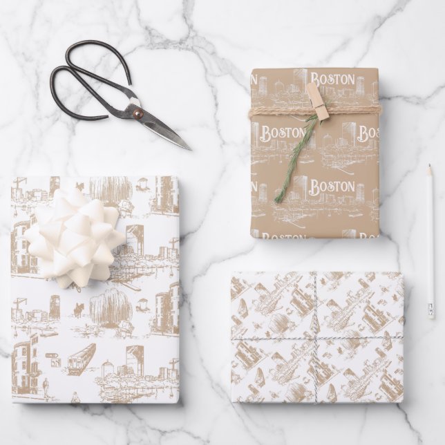 Vintage Boston Tan and White Wrapping Paper Sheet (Front)