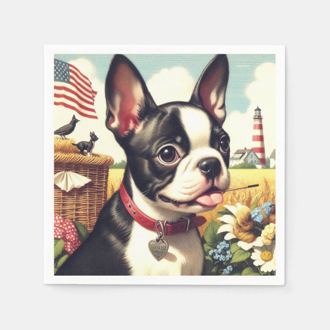 Vintage Boston Terrier Illustration Napkin (Front)