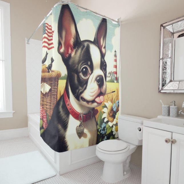 Vintage Boston Terrier Illustration Shower Curtain (In Situ)