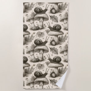 Vintage Botanica Pattern of Snails and Mushrooms Beach Towel