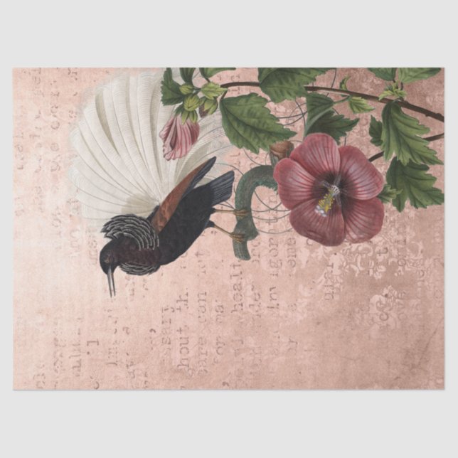Vintage Botanical and Bird on Pink Decoupage Paper (Front)
