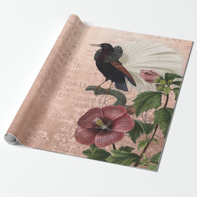 Vintage Botanical and Bird on Pink Wrapping Paper (Unrolled)