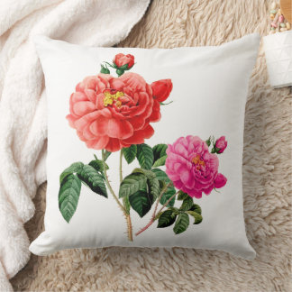 vintage botanical art pink and red rose flowers cushion