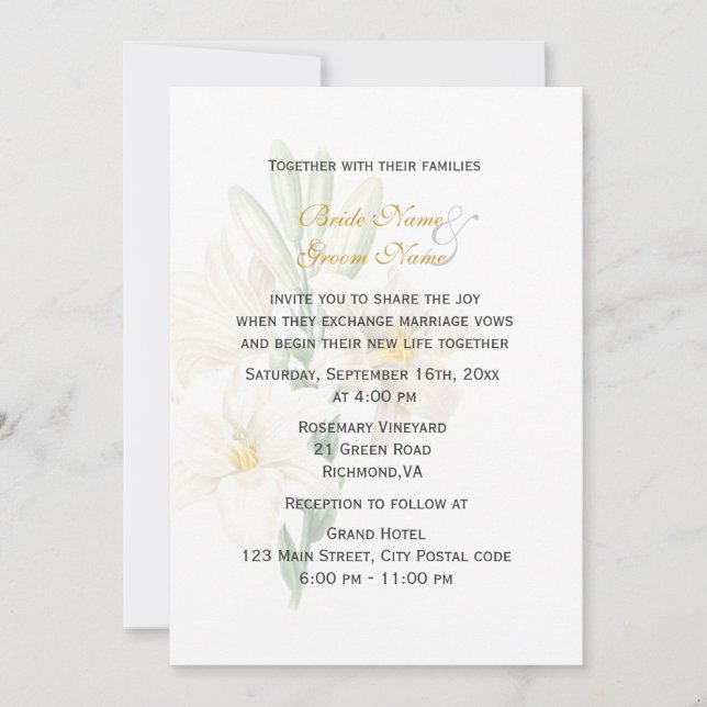 Vintage botanical art white lily flower wedding invitation (Front)